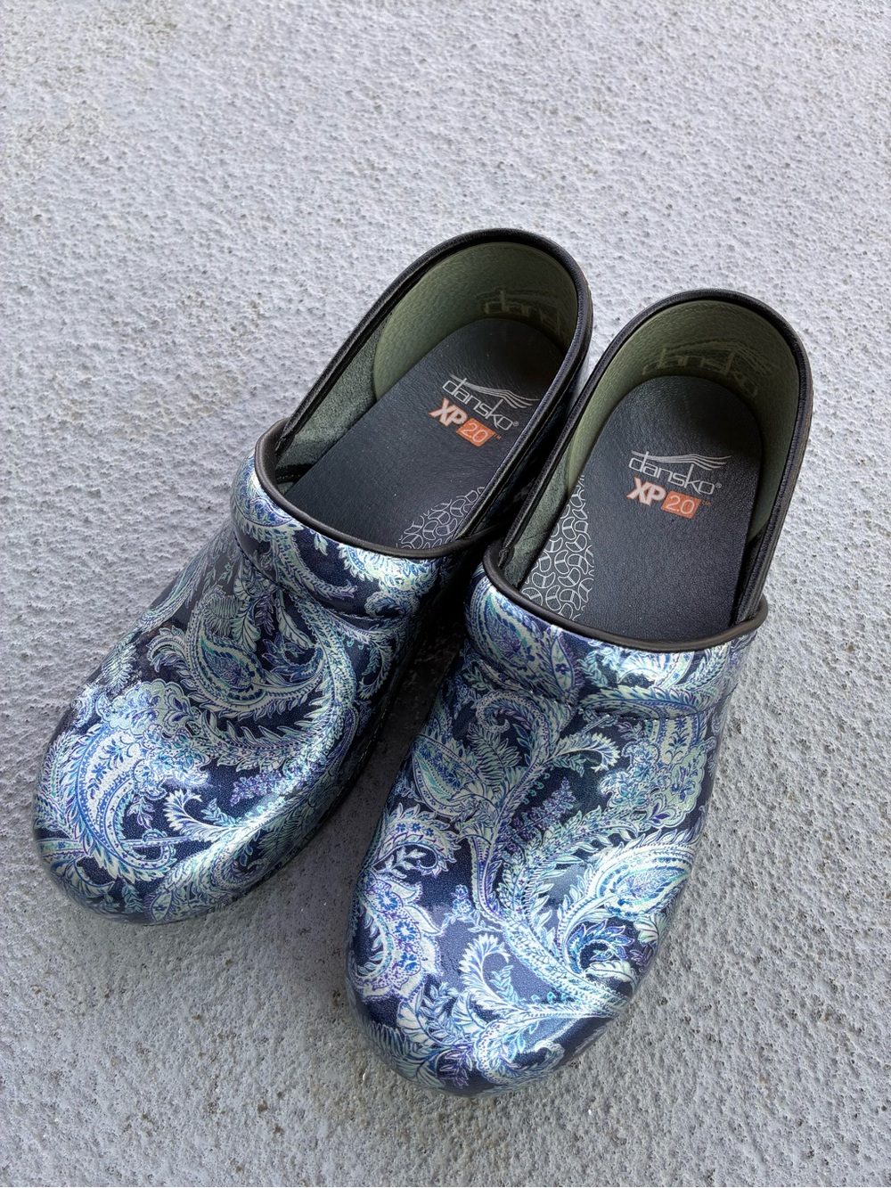 Dansko Paisley Slip-On Clogs in Navy and Light Blue